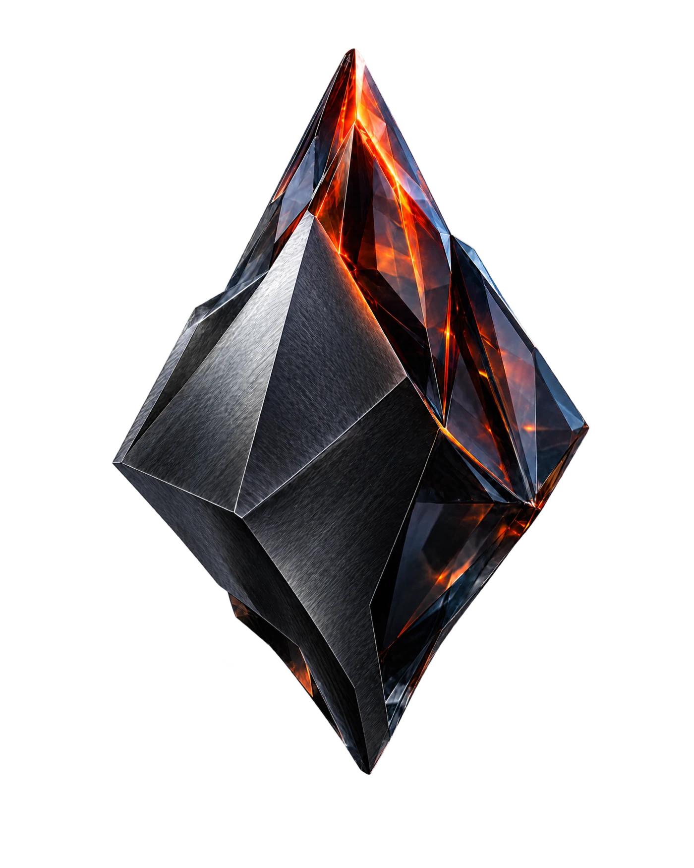 The Embercrest crest: faceted steel and smoked glass glowing ember orange from within